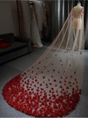 Ethereal Sheer Bridal Veil with Red 3D Petals